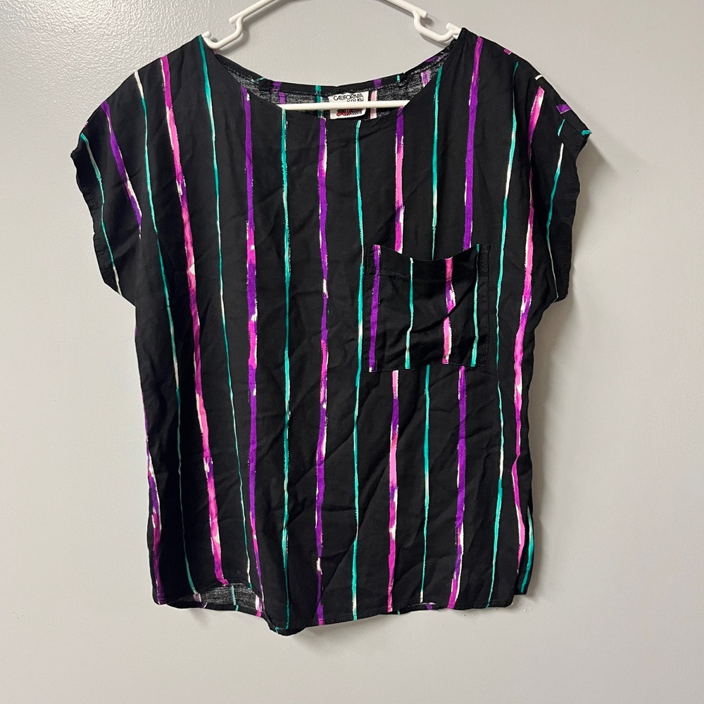 Vintage California Krush Black Stripe Short Sleeve Blouse Purple Pink Teal XL